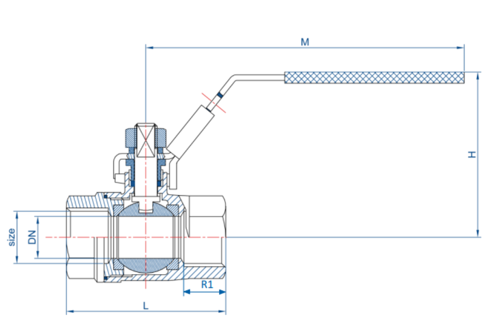 medidas Válvula inoxidable de bola paso total de 2 piezas H-H