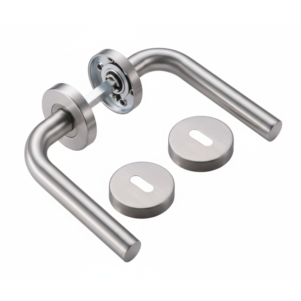 Juego de manillas para puertas de interior en acero inoxidable con acabado satinado y bocallaves